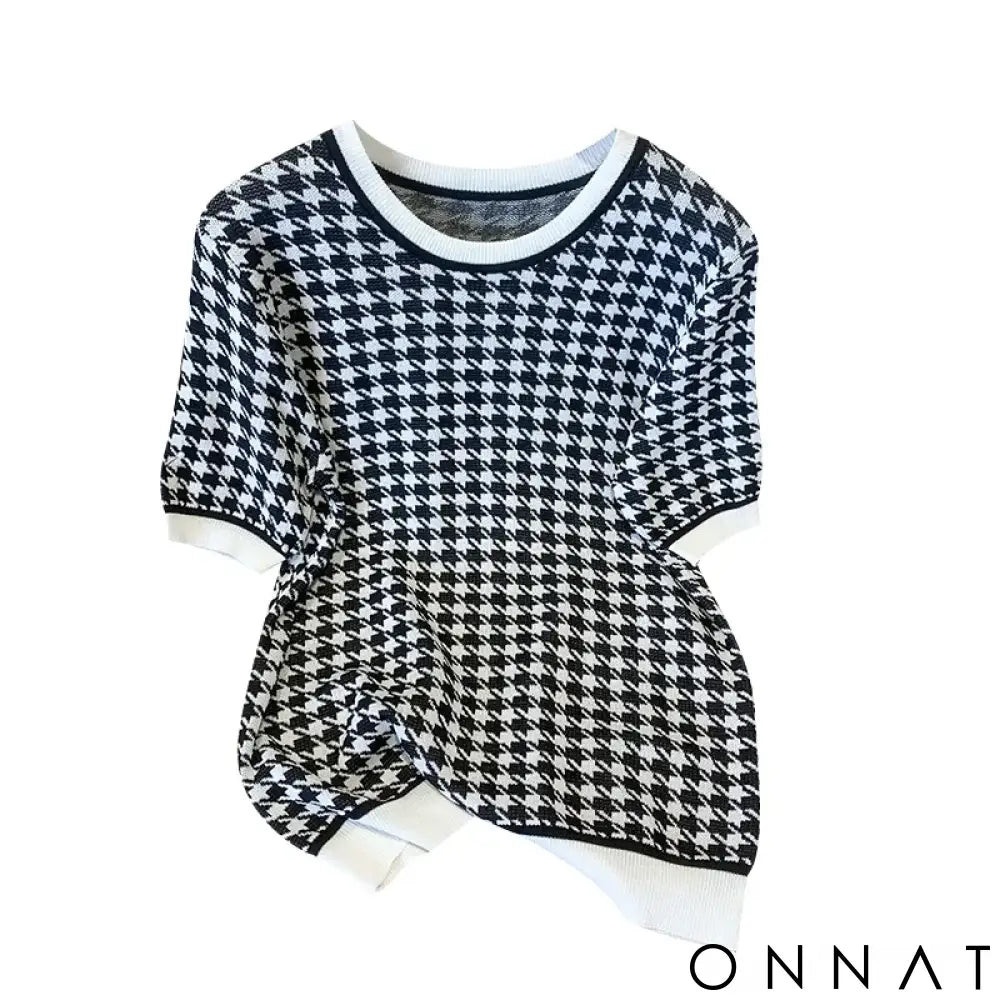Office Ladies Fashion Short Sleeve Knitted T-shirts Women Houndstooth Jacquard Top Y2K Clothes Summer Casual Slim Basic