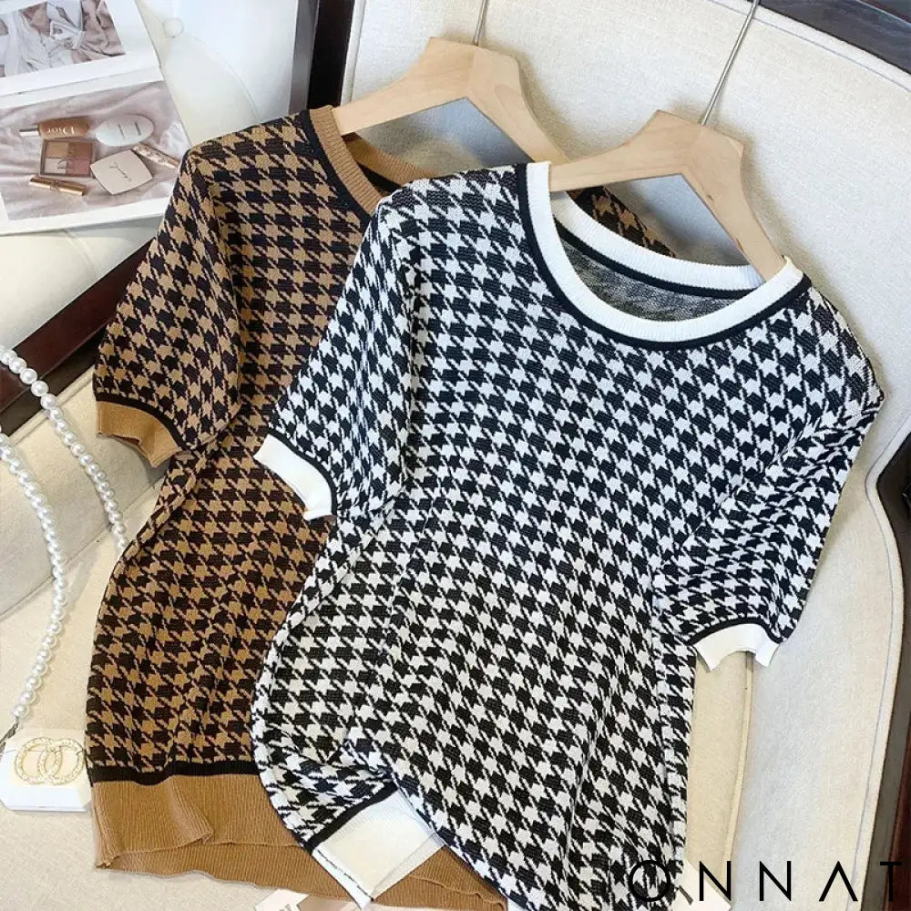 Office Ladies Fashion Short Sleeve Knitted T-shirts Women Houndstooth Jacquard Top Y2K Clothes Summer Casual Slim Basic