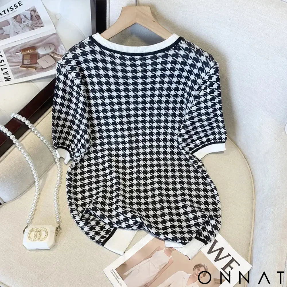 Office Ladies Fashion Short Sleeve Knitted T-shirts Women Houndstooth Jacquard Top Y2K Clothes Summer Casual Slim Basic