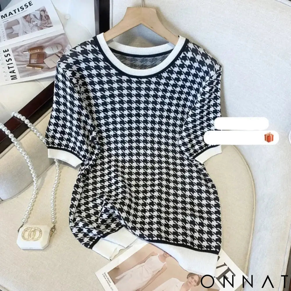 Office Ladies Fashion Short Sleeve Knitted T-shirts Women Houndstooth Jacquard Top Y2K Clothes Summer Casual Slim Basic