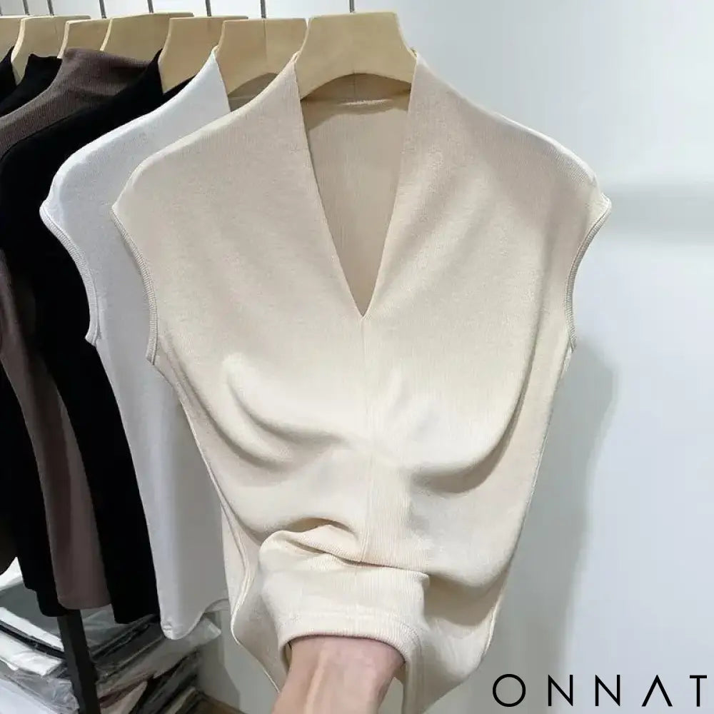 V-neck Sleeveless Women’s T-shirt Women Knitted Versatile Slim Fit Women Tops 2024 Fashion Oversized Simple Slim