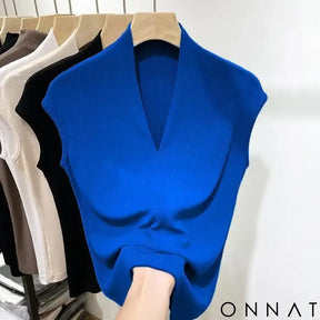V-neck Sleeveless Women’s T-shirt Women Knitted Versatile Slim Fit Women Tops 2024 Fashion Oversized Simple Slim