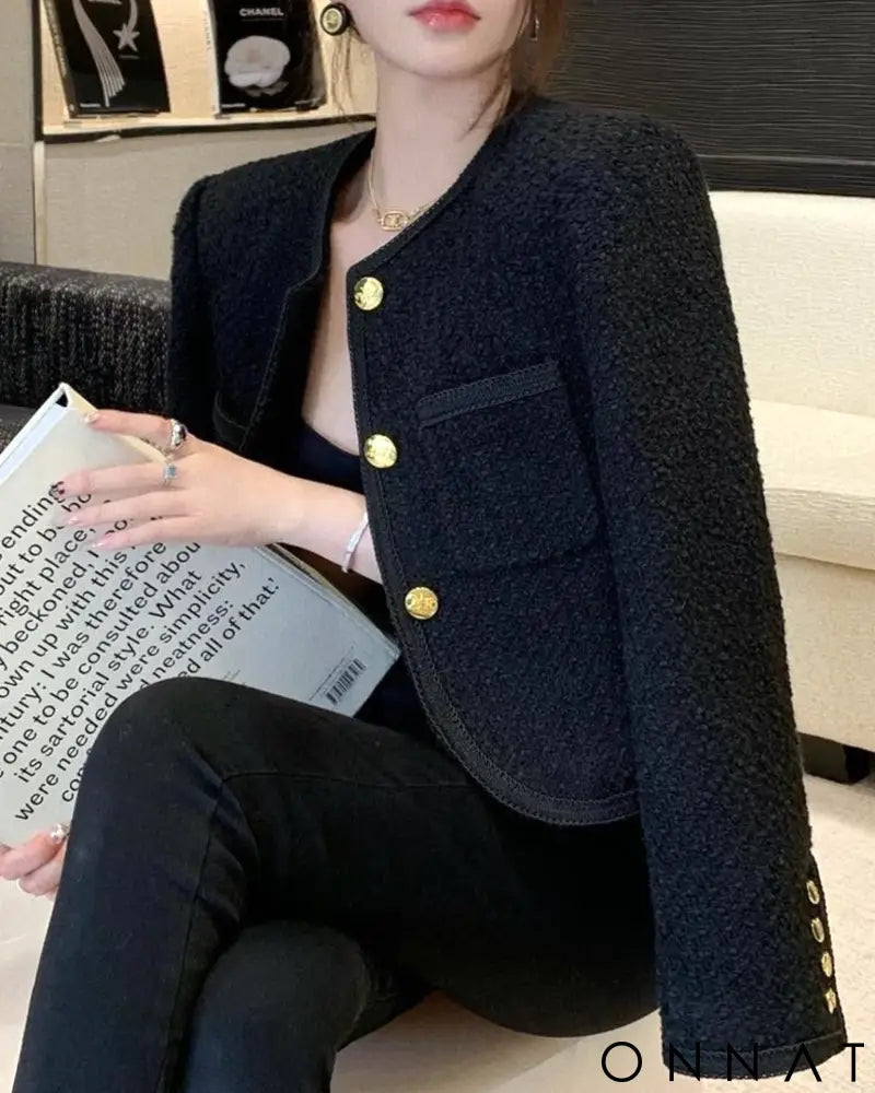 Cropped Tweed Gold Button Jacket Black / S