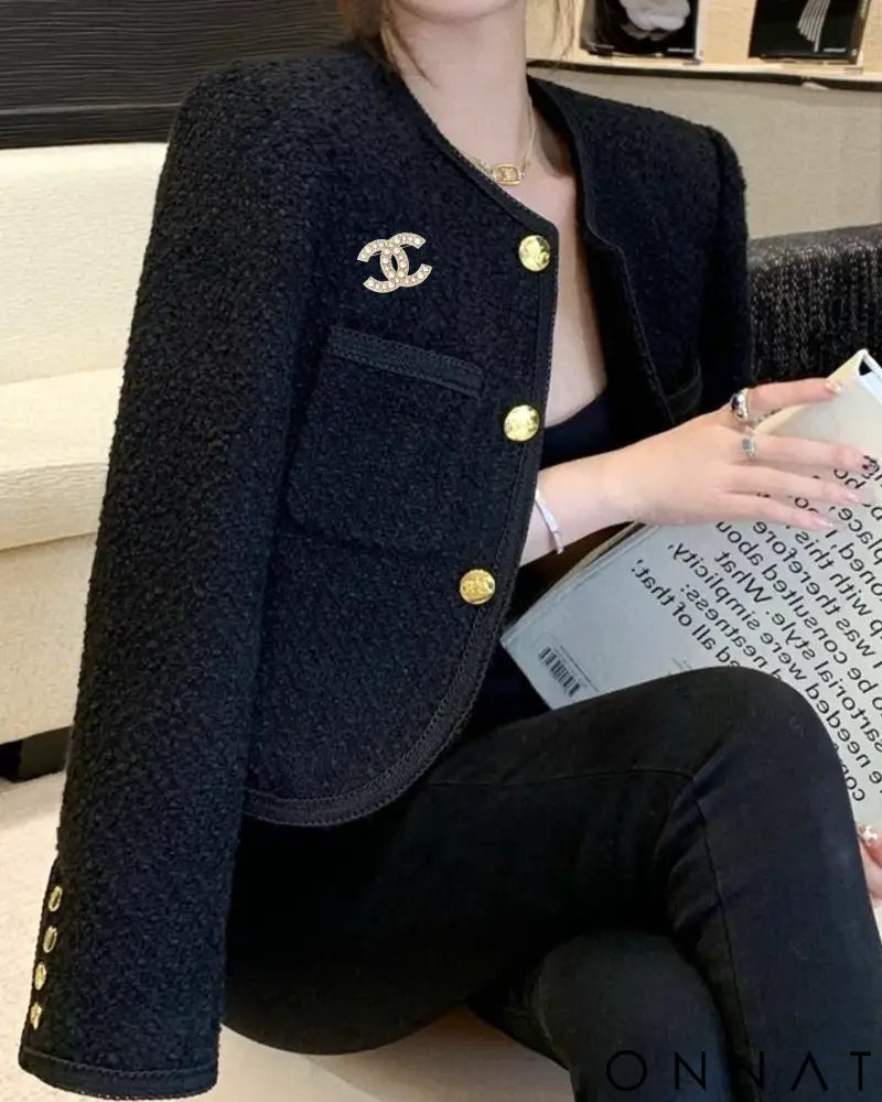 Cropped Tweed Gold Button Jacket Black / XXL