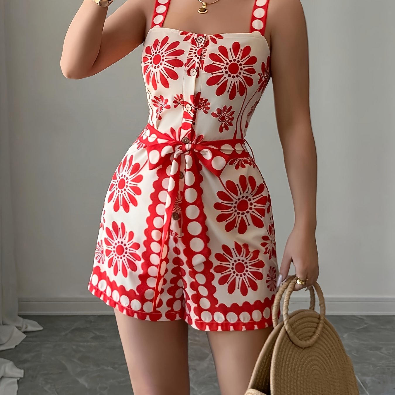 Macaquinho Floral Elegante com Alças Finas e Cinto - Versátil para Todas as Estações