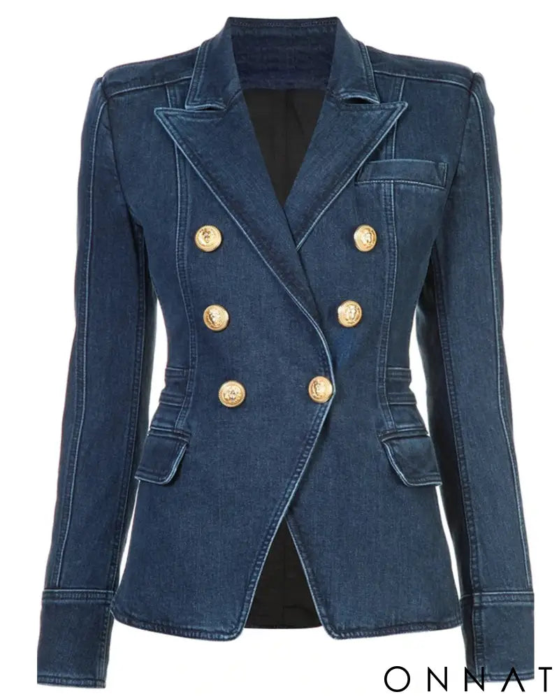 Denim Double Breasted Gold Button Blazer