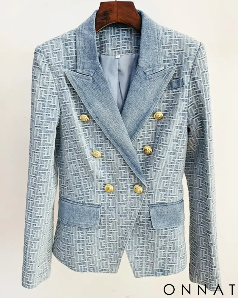 Denim Jacquard Double Breasted Gold Button Blazer