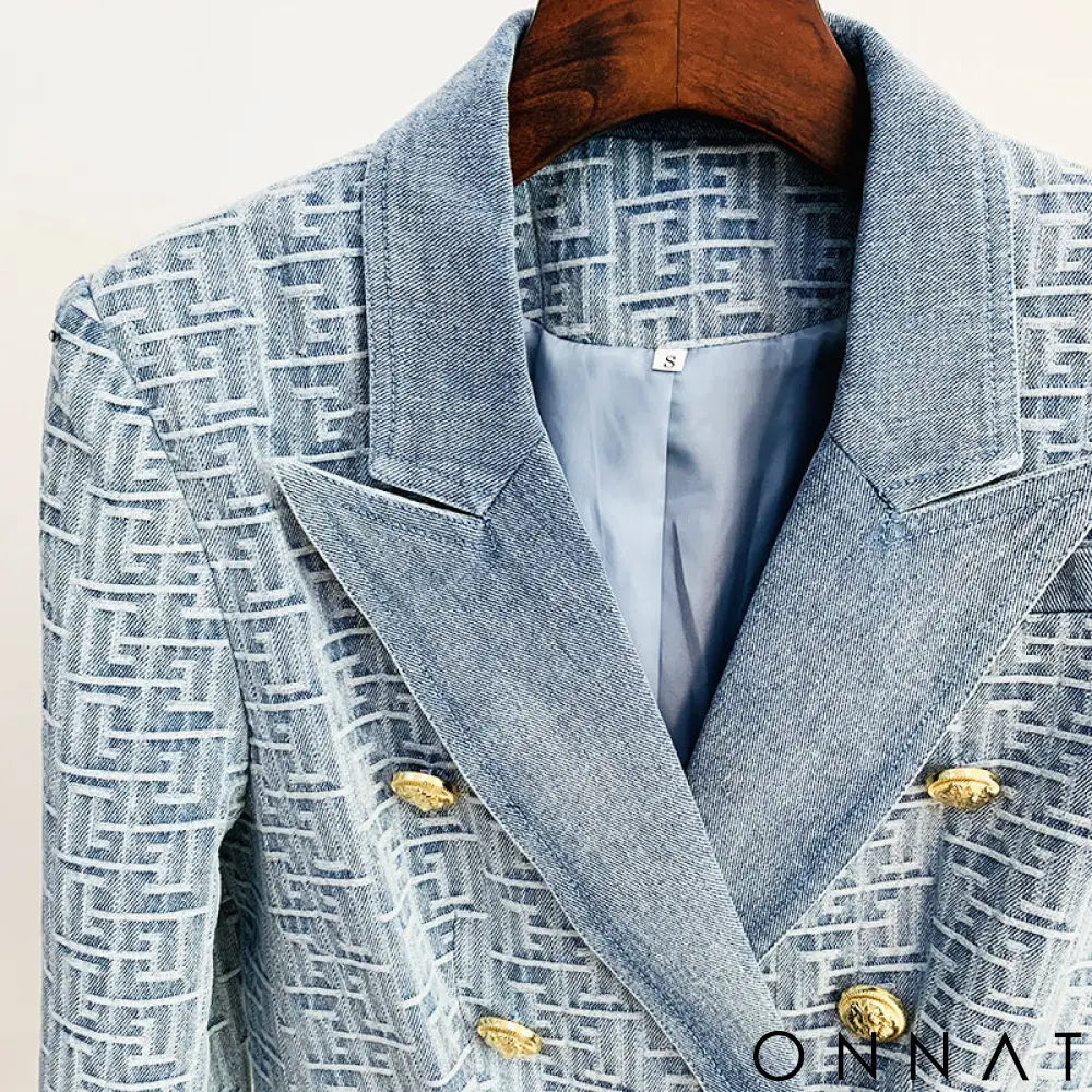 Denim Jacquard Double Breasted Gold Button Blazer