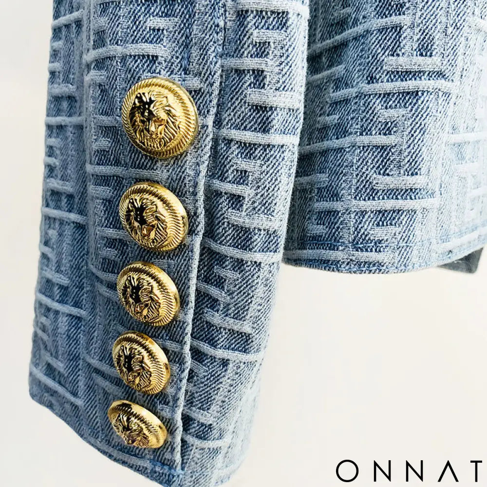 Denim Jacquard Double Breasted Gold Button Blazer