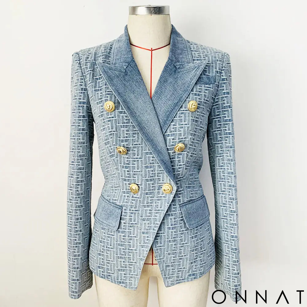 Denim Jacquard Double Breasted Gold Button Blazer