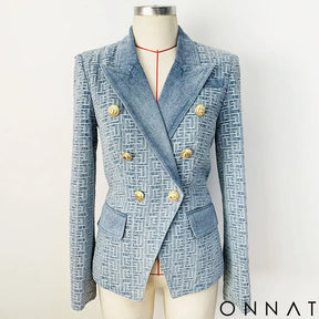 Denim Jacquard Double Breasted Gold Button Blazer