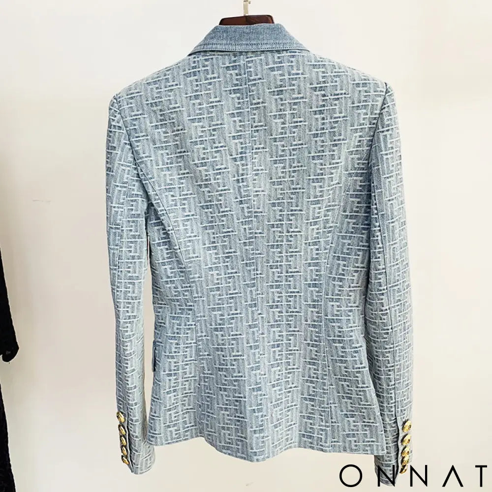 Denim Jacquard Double Breasted Gold Button Blazer