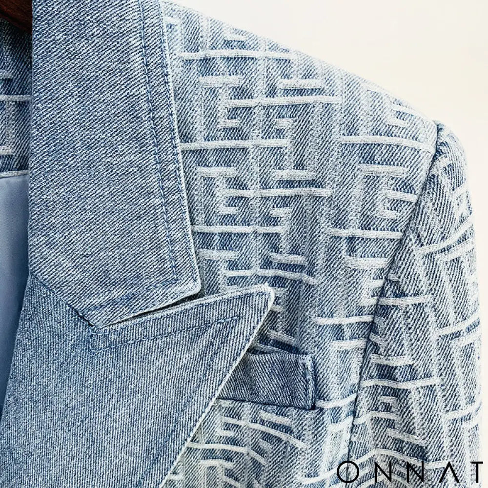 Denim Jacquard Double Breasted Gold Button Blazer