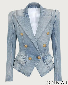Denim Peak Lapel Double Breasted Gold Button Blazer