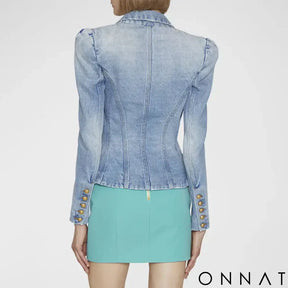 Denim Peak Lapel Double Breasted Gold Button Blazer