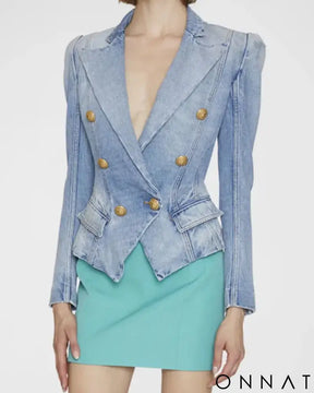 Denim Peak Lapel Double Breasted Gold Button Blazer Denim / S