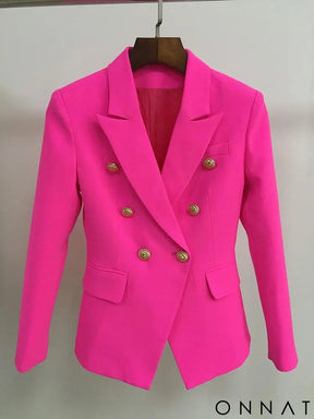Double Breasted Gold Button Blazer Neon Pink / S