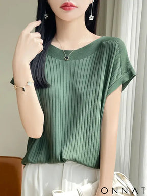 2025 Fashion Slash Neck Women Sweater Ice Silk Spring Summer Knitted Sweater Loose Casual Korean Shirts Short Sleeve