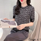 Fashion Contrast Jacquard Elegant Plaid Women Tops Short Sleeve Knitted T-Shirts Loose Retro Office Ladies Clothes ropa