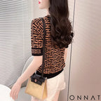 Fashion Contrast Jacquard Elegant Plaid Women Tops Short Sleeve Knitted T-Shirts Loose Retro Office Ladies Clothes ropa