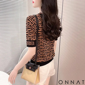 Fashion Contrast Jacquard Elegant Plaid Women Tops Short Sleeve Knitted T-Shirts Loose Retro Office Ladies Clothes ropa