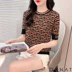 Fashion Contrast Jacquard Elegant Plaid Women Tops Short Sleeve Knitted T-Shirts Loose Retro Office Ladies Clothes ropa
