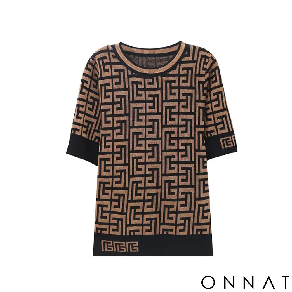 Fashion Contrast Jacquard Elegant Plaid Women Tops Short Sleeve Knitted T-Shirts Loose Retro Office Ladies Clothes ropa