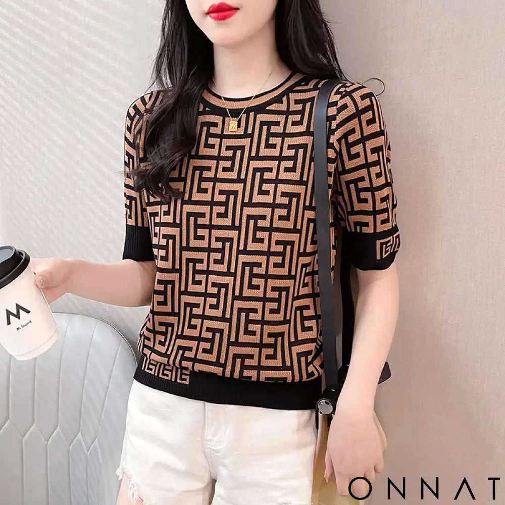 Fashion Contrast Jacquard Elegant Plaid Women Tops Short Sleeve Knitted T-Shirts Loose Retro Office Ladies Clothes ropa