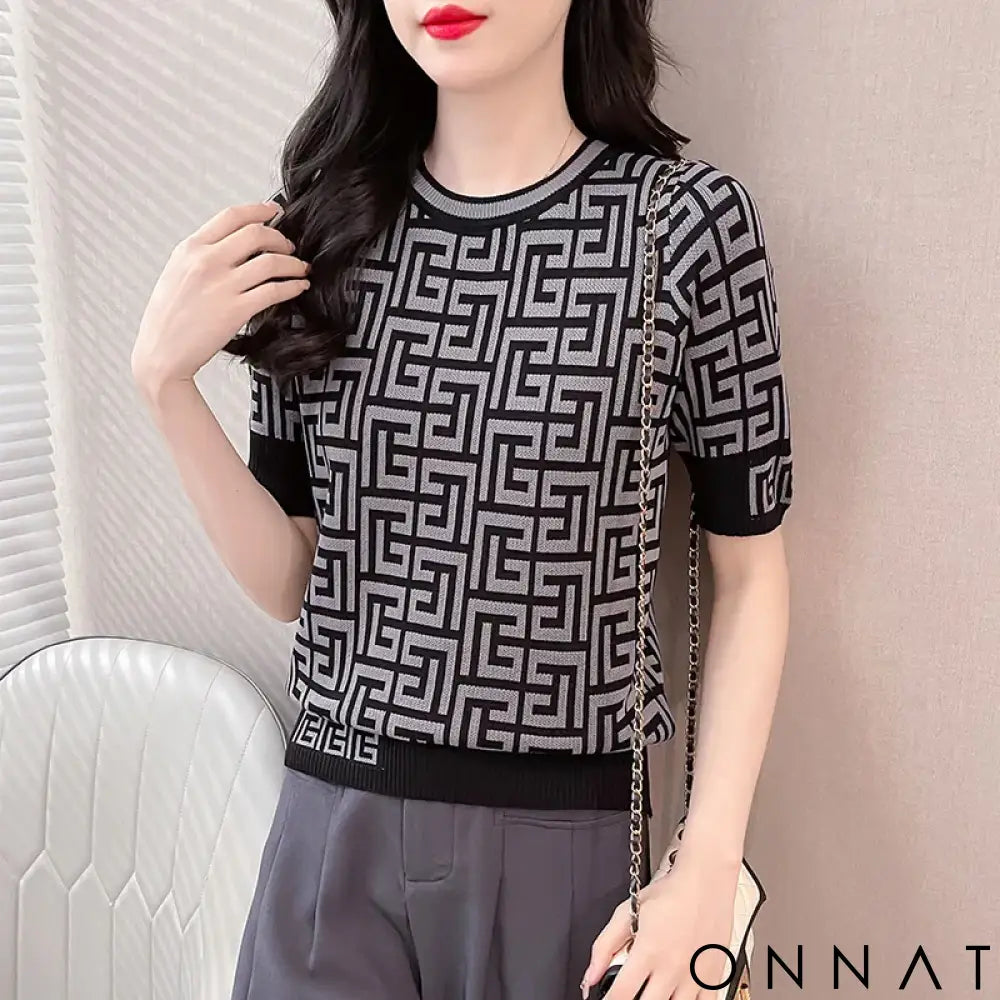 Fashion Contrast Jacquard Elegant Plaid Women Tops Short Sleeve Knitted T-Shirts Loose Retro Office Ladies Clothes ropa
