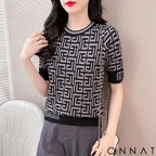Fashion Contrast Jacquard Elegant Plaid Women Tops Short Sleeve Knitted T-Shirts Loose Retro Office Ladies Clothes ropa