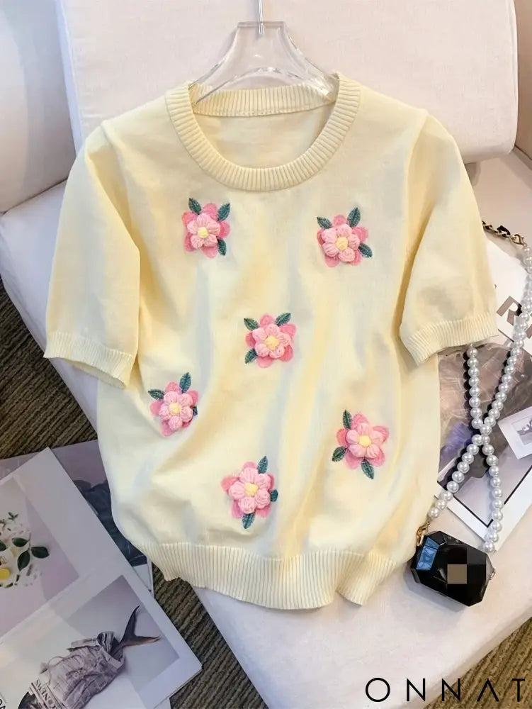 2024 Summer Thin Floral Embroidered Ribbed Trim Sweater Casual Crew Neck Short Sleeve Pullover Sweater Women’s Clothing