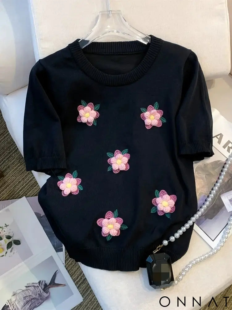 2024 Summer Thin Floral Embroidered Ribbed Trim Sweater Casual Crew Neck Short Sleeve Pullover Sweater Women’s Clothing