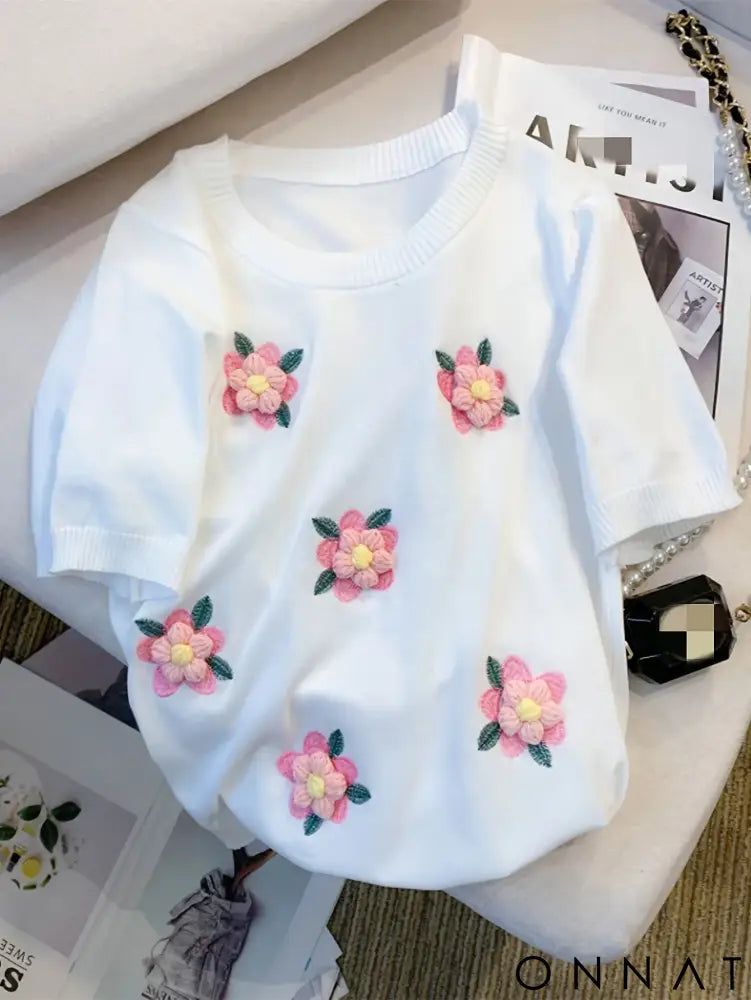 2024 Summer Thin Floral Embroidered Ribbed Trim Sweater Casual Crew Neck Short Sleeve Pullover Sweater Women’s Clothing