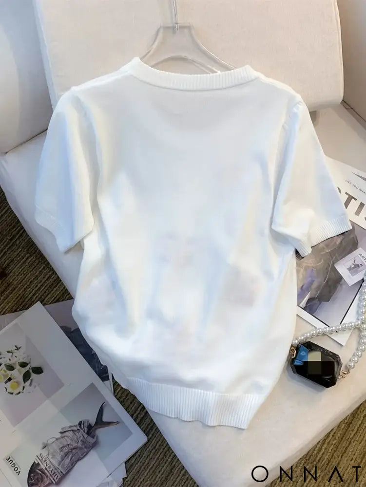 2024 Summer Thin Floral Embroidered Ribbed Trim Sweater Casual Crew Neck Short Sleeve Pullover Sweater Women’s Clothing