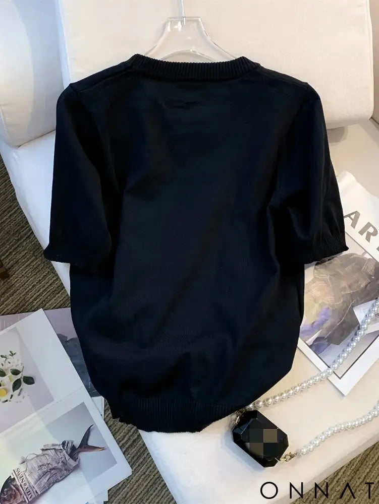 2024 Summer Thin Floral Embroidered Ribbed Trim Sweater Casual Crew Neck Short Sleeve Pullover Sweater Women’s Clothing