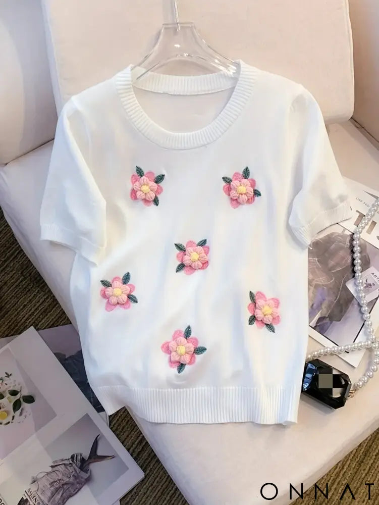 2024 Summer Thin Floral Embroidered Ribbed Trim Sweater Casual Crew Neck Short Sleeve Pullover Sweater Women’s Clothing