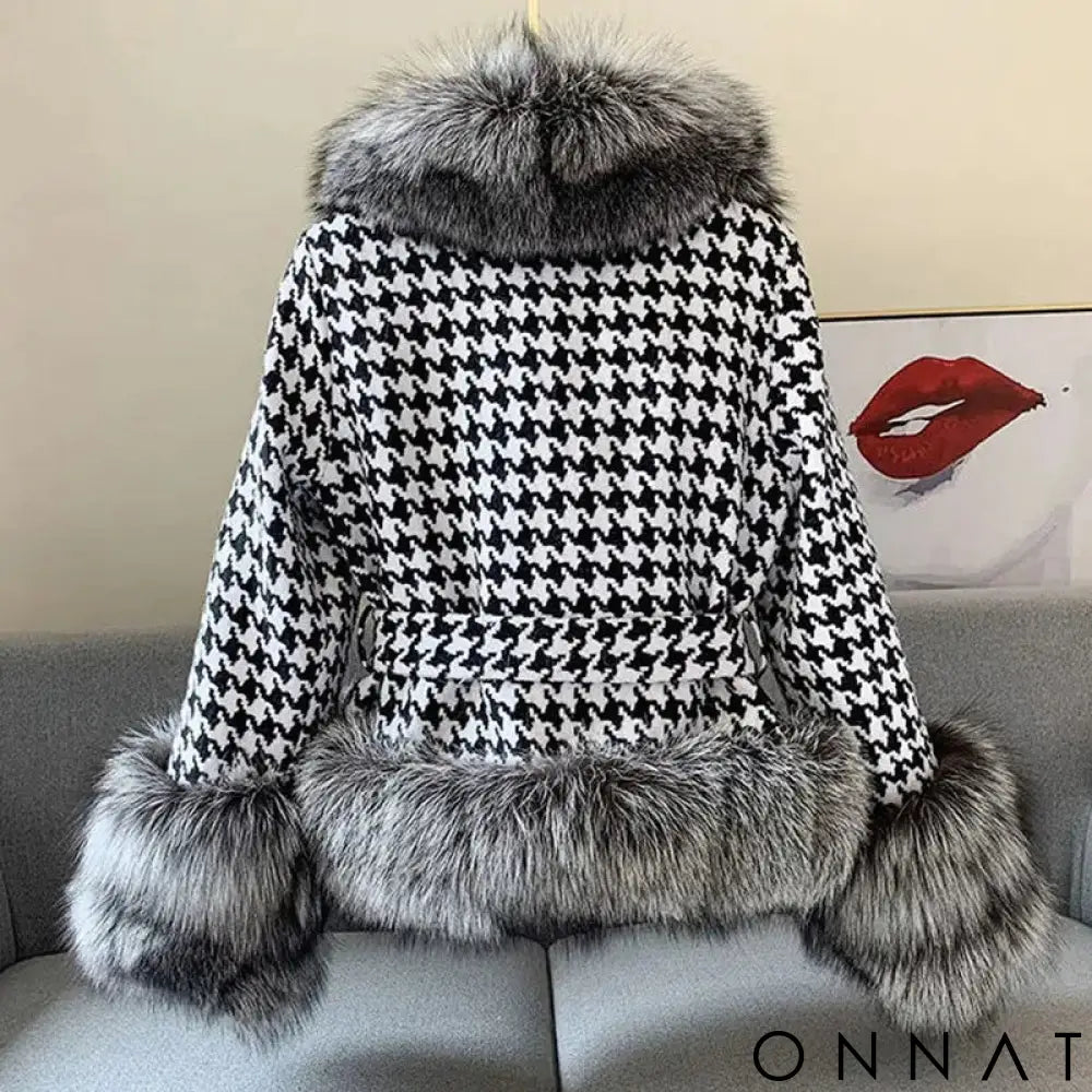 Faux-Fur Belted Houndstooth Jacket