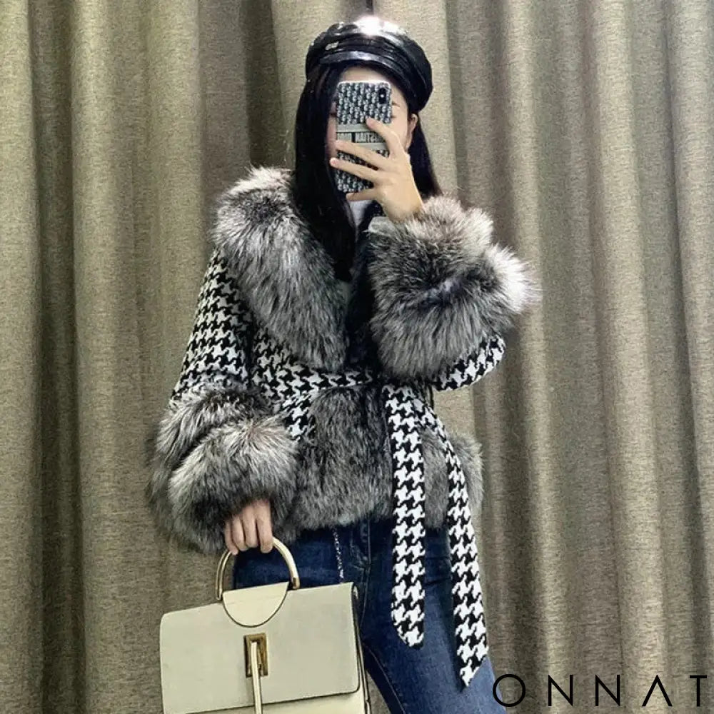 Faux-Fur Belted Houndstooth Jacket