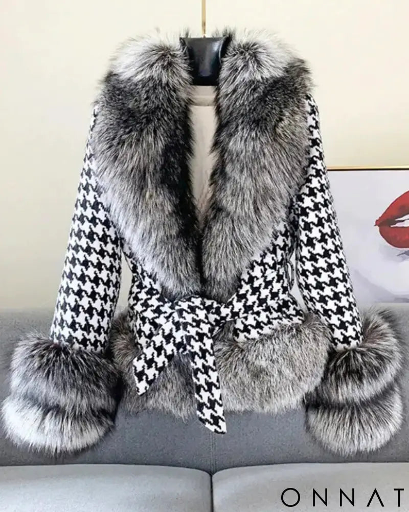 Faux-Fur Belted Houndstooth Jacket