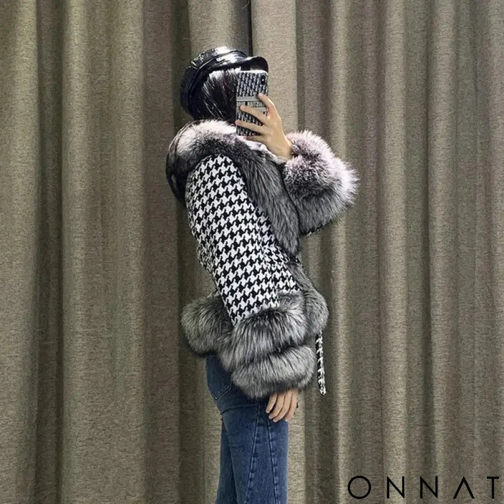 Faux-Fur Belted Houndstooth Jacket