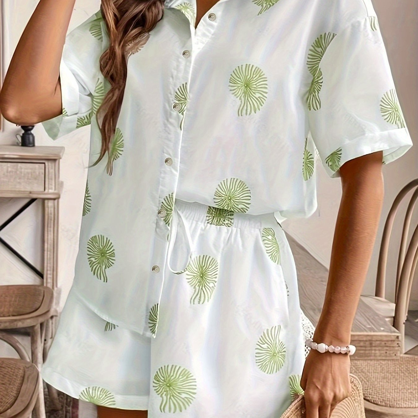 Onnat Glow Conjunto Feminino Tropical | Camisa Manga Curta + Shorts Azul-Verde