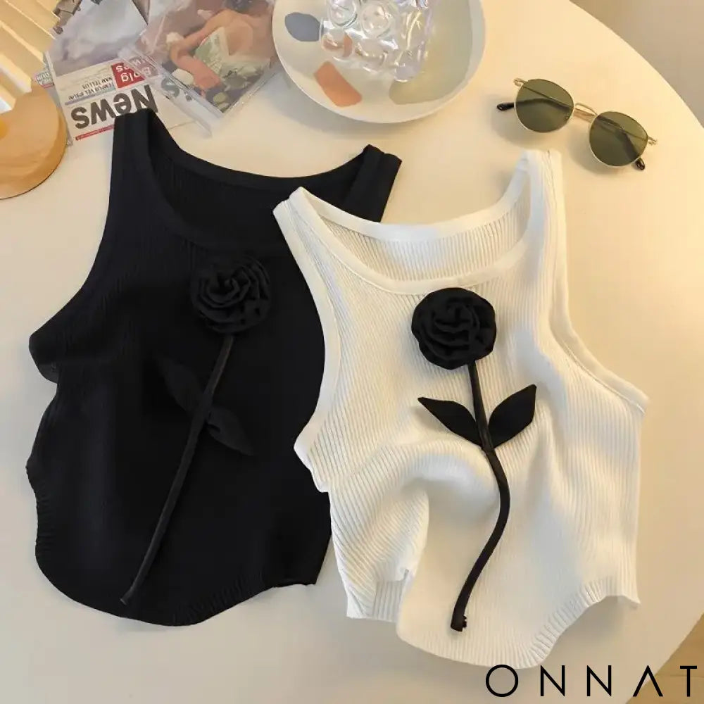Korean Clothing Cute Unique Three-dimensional Flower Slim Fitting Sleeveless Ice Silk Knitted Halter Top for Women