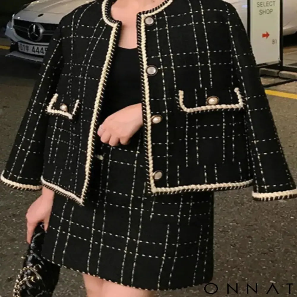Onnat Conjunto Feminino Tweed de Lã | Jaqueta Curta + Casaco Tipo Blazer Clássico Preto/Branco