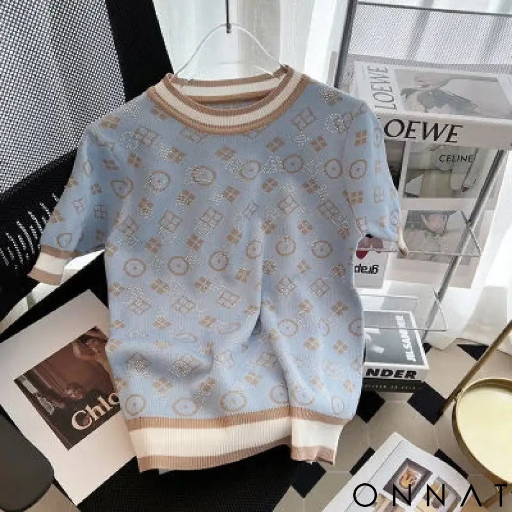 New 2024 Summer Women Short Sleeve Fashion Knit Glitter Stones Tshirt Femme Vintage Luxury Designer Slim Leisure