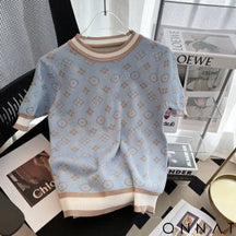 New 2024 Summer Women Short Sleeve Fashion Knit Glitter Stones Tshirt Femme Vintage Luxury Designer Slim Leisure