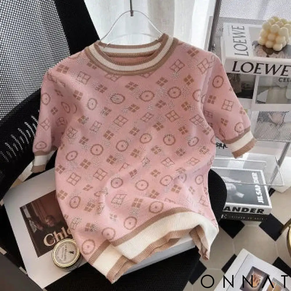 New 2024 Summer Women Short Sleeve Fashion Knit Glitter Stones Tshirt Femme Vintage Luxury Designer Slim Leisure