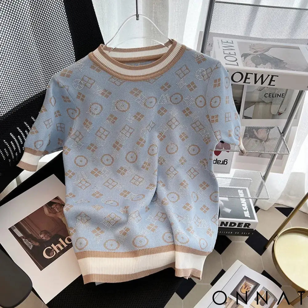 New 2024 Summer Women Short Sleeve Fashion Knit Glitter Stones Tshirt Femme Vintage Luxury Designer Slim Leisure