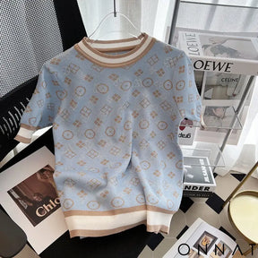 New 2024 Summer Women Short Sleeve Fashion Knit Glitter Stones Tshirt Femme Vintage Luxury Designer Slim Leisure