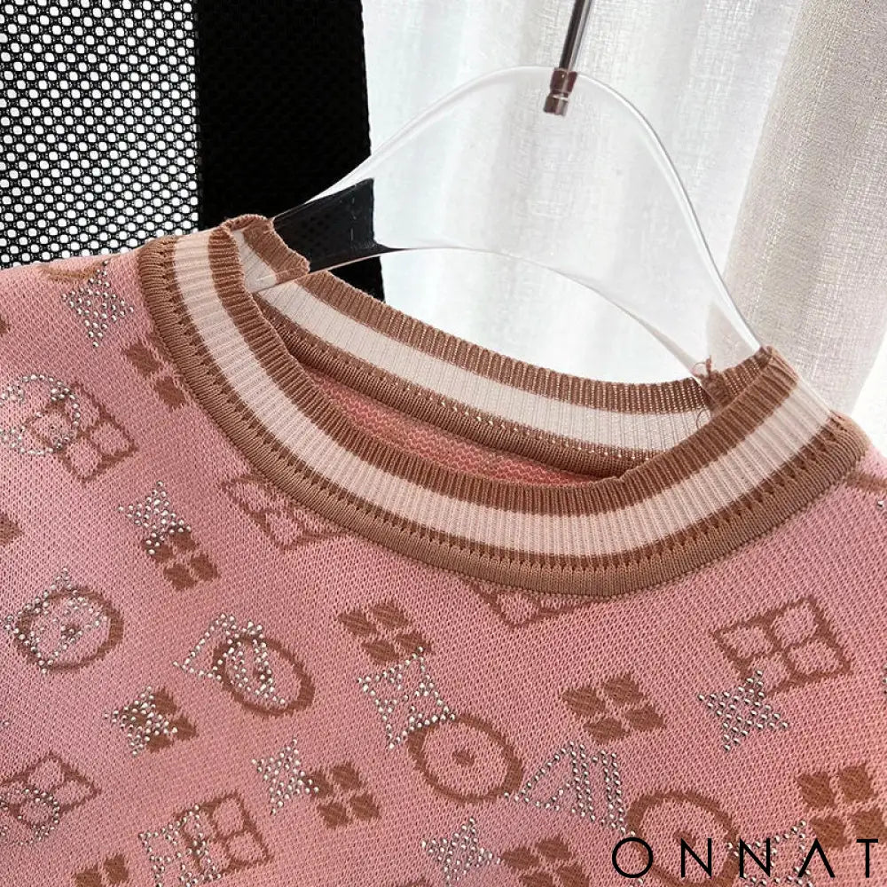 New 2024 Summer Women Short Sleeve Fashion Knit Glitter Stones Tshirt Femme Vintage Luxury Designer Slim Leisure