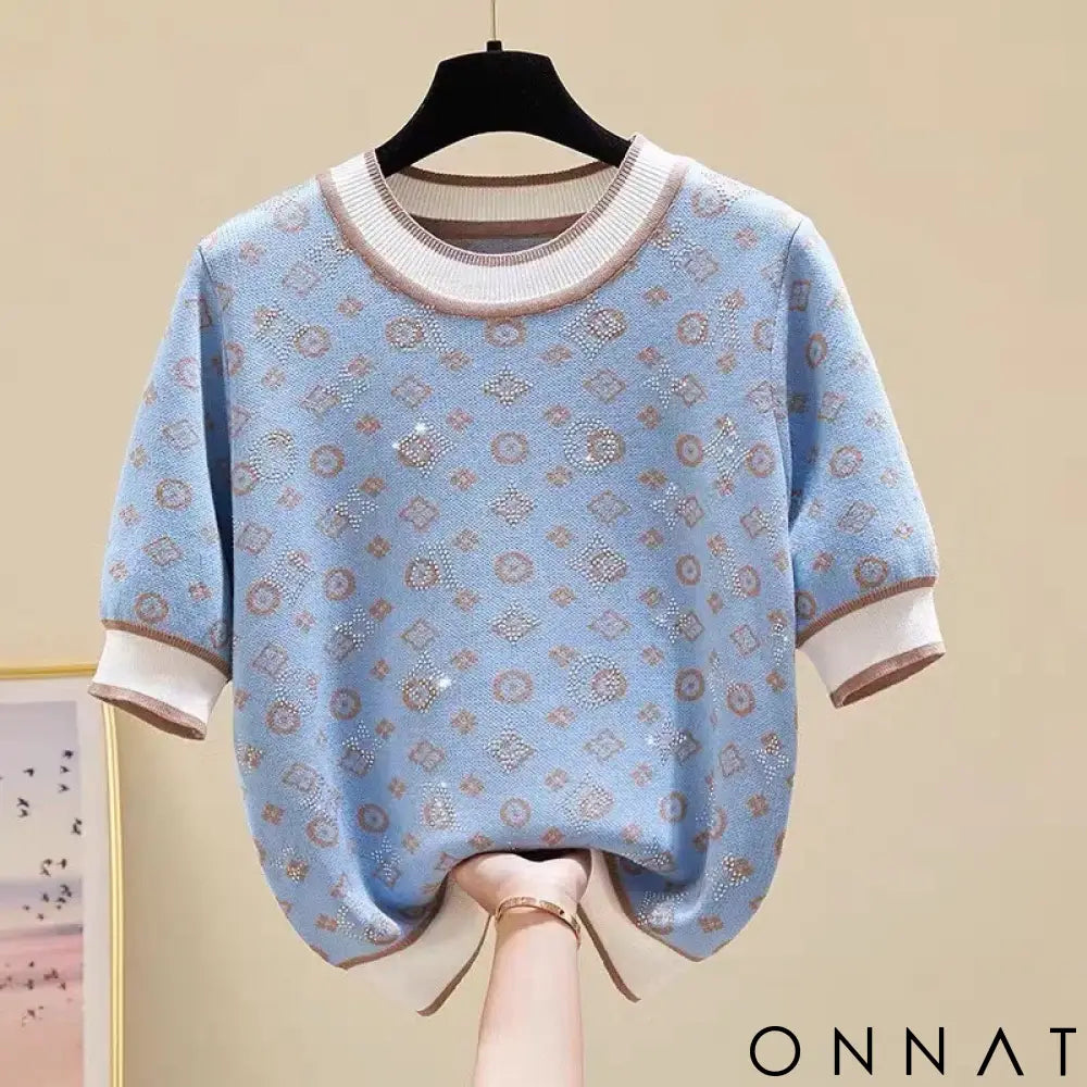 New 2024 Summer Women Short Sleeve Fashion Knit Glitter Stones Tshirt Femme Vintage Luxury Designer Slim Leisure